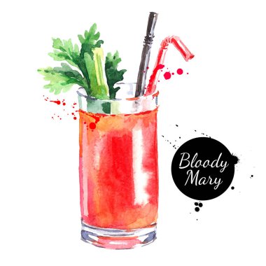 Elle çizilmiş suluboya kokteyl Bloody Mary. Vektör izole gıda illüstrasyonu