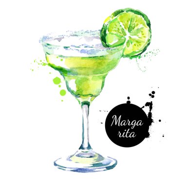 Elle çizilmiş suluboya kokteyl Margarita. Vektör izole gıda illüstrasyonu