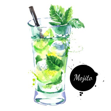 El çizimi suluboya kokteyl Mojito. Vektör izole gıda illüstrasyonu