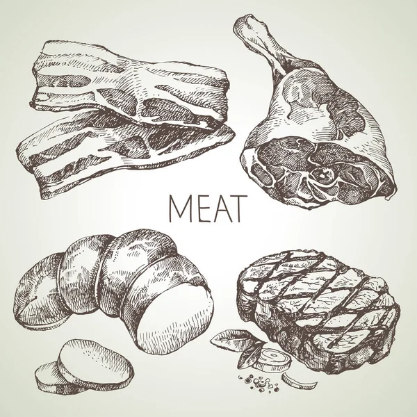 Conjunto Produtos Base Carne Desenhados Mão Vetor Preto Branco Ilustração — Vetor de Stock