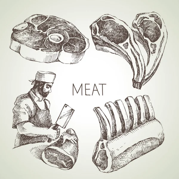 手描きスケッチ肉製品セット ベクトル黒と白のヴィンテージイラスト 白い背景に孤立したオブジェクト メニューデザイン — ストックベクタ