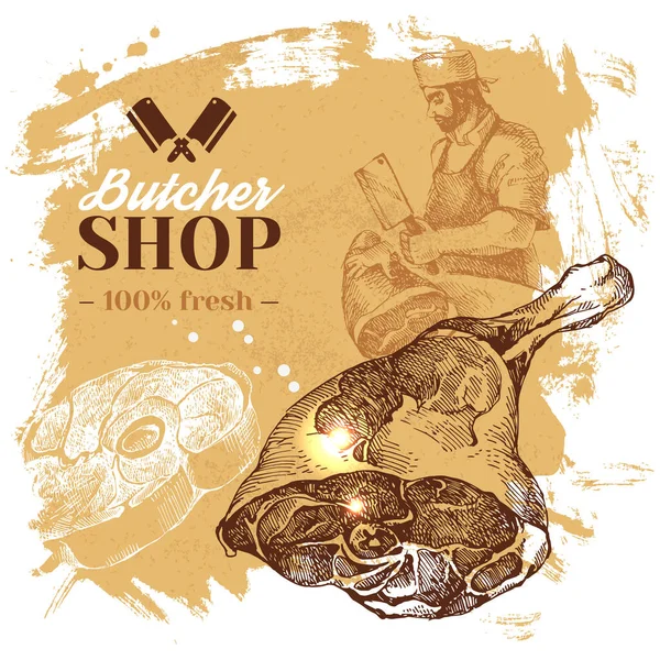 Disegnato Mano Schizzo Macelleria Carne Sfondo Illustrazione Vettoriale Vintage Menu — Vettoriale Stock