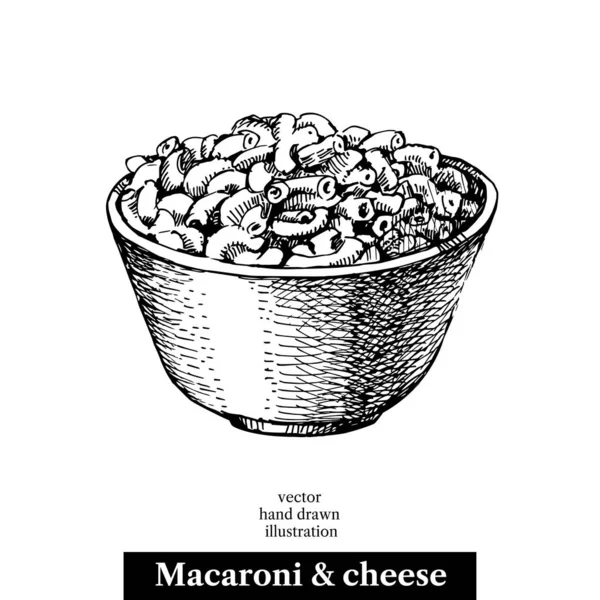 Met Hand Getekend Schets Zelfgemaakte Macaroni Kaas Een Kom Vector — Stockvector