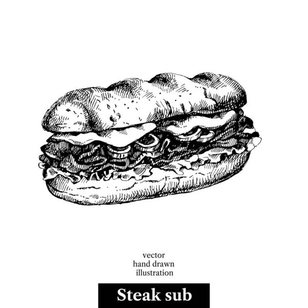 Esquisse Dessinée Main Steak Sub Sandwich Illustration Vintage Vectorielle Noir — Image vectorielle