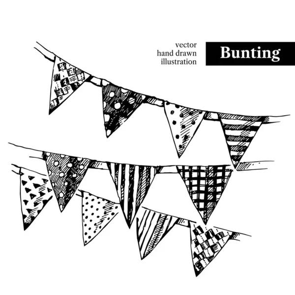 Feste Disegnate Mano Schizzo Bandiere Bunting Illustrazione Vettoriale Vintage Bianco — Vettoriale Stock