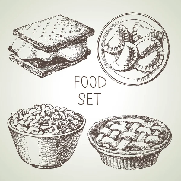 Handgezeichnetes Sketch Set Mit Apfelkuchen Dessert Duftenden Waffelcrackern Makkaroni Und — Stockvektor