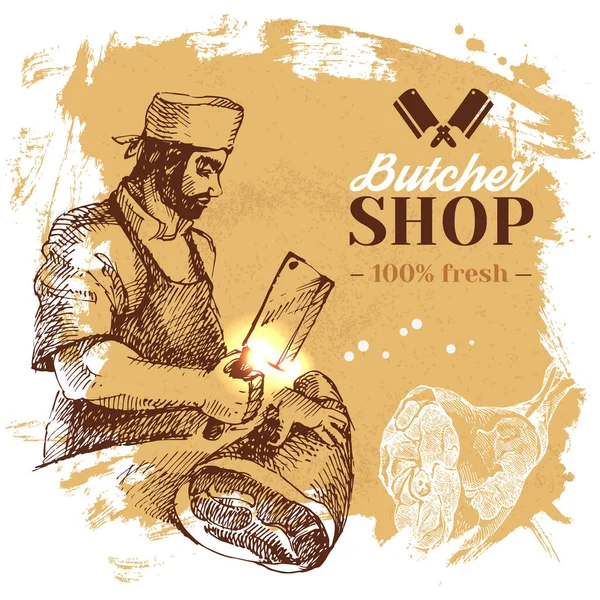 Disegnato Mano Schizzo Macelleria Carne Sfondo Illustrazione Vettoriale Vintage Menu — Vettoriale Stock