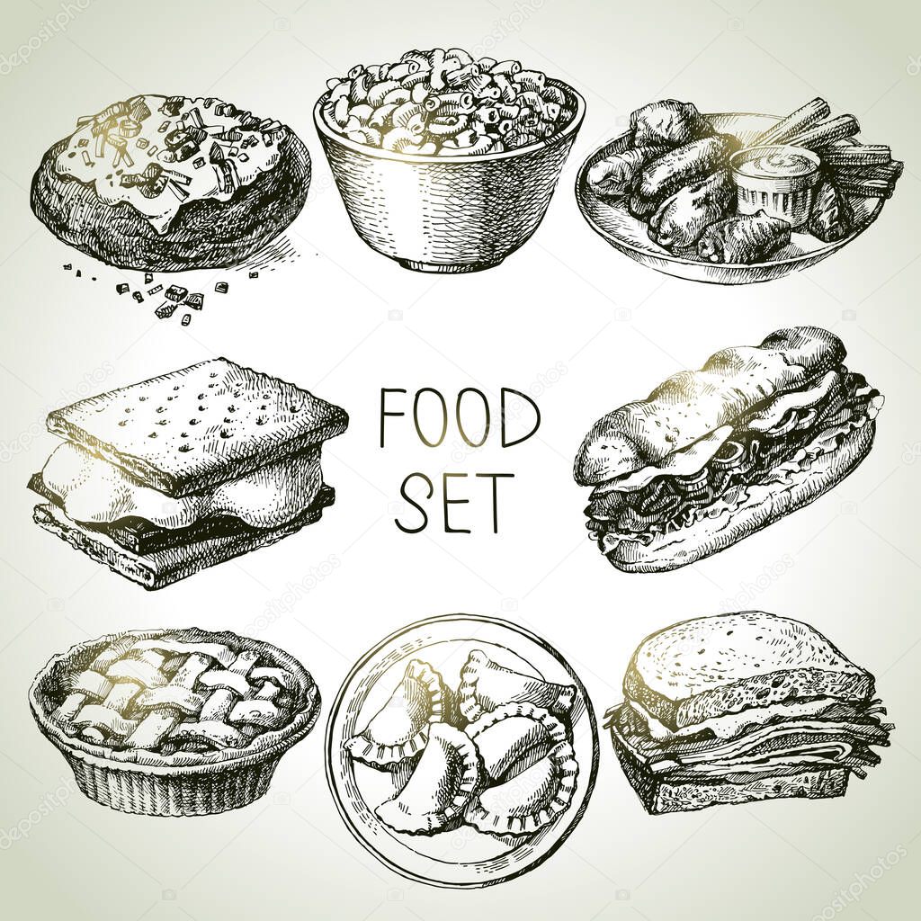 Hand drawn food sketch set of steak sub sandwich, apple pie dessert, smores wafer crackers, macaroni and cheese, buffalo chicken wings, homemade pierogi dumplings, backed potato, beef sandwich. Vector black and white vintage illustrations