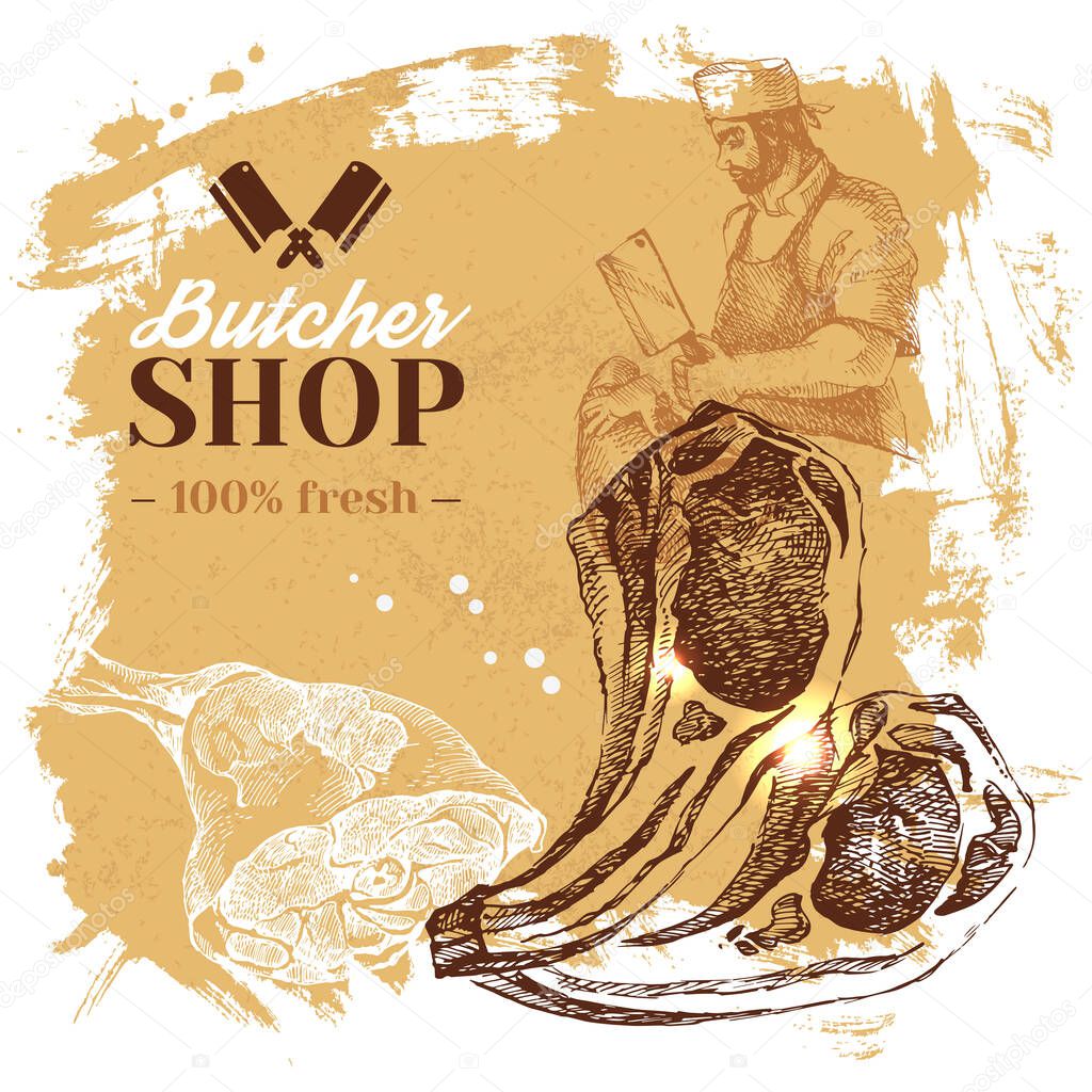 Hand drawn sketch meat butcher shop background. Vector vintage illustration. Menu poster design