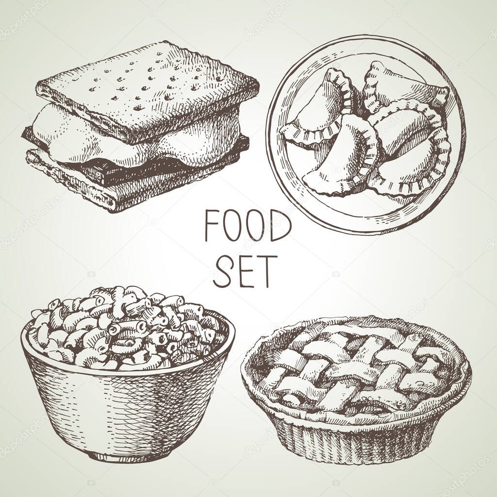 Hand drawn food sketch set of apple pie dessert, smores wafer crackers, macaroni and cheese, homemade pierogi dumplings. Vector black and white vintage illustrations