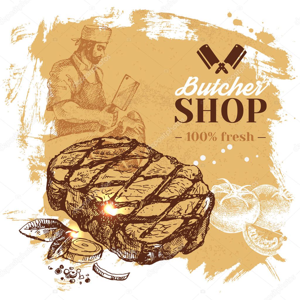 Hand drawn sketch meat butcher shop background. Vector vintage illustration. Menu poster design