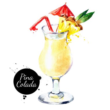 El çizimi suluboya kokteyl Pina Colada. Vektör izole gıda illüstrasyonu