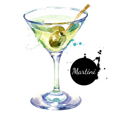El çizimi suluboya kokteyl martini. Vektör izole gıda illüstrasyonu