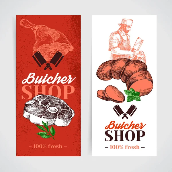 手描きスケッチ肉製品バナーセット ベクトルヴィンテージ肉屋のイラスト メニューデザイン — ストックベクタ
