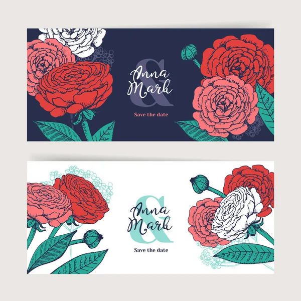 Hand Drawn Floral Wedding Invitation Card Set Sketch Vector Illustration — Stock Vector
