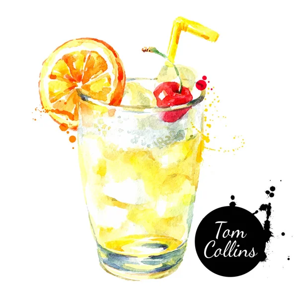 Esboço Desenhado Mão Coquetel Aquarela Tom Collins Ilustração Vetorial Alimentos —  Vetores de Stock