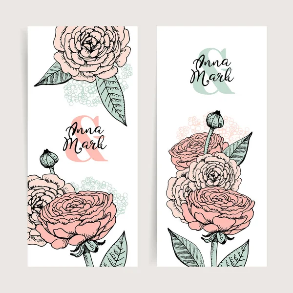 Handritade Blommor Bröllop Inbjudan Kort Set Skiss Vektor Illustration Spara — Stock vektor