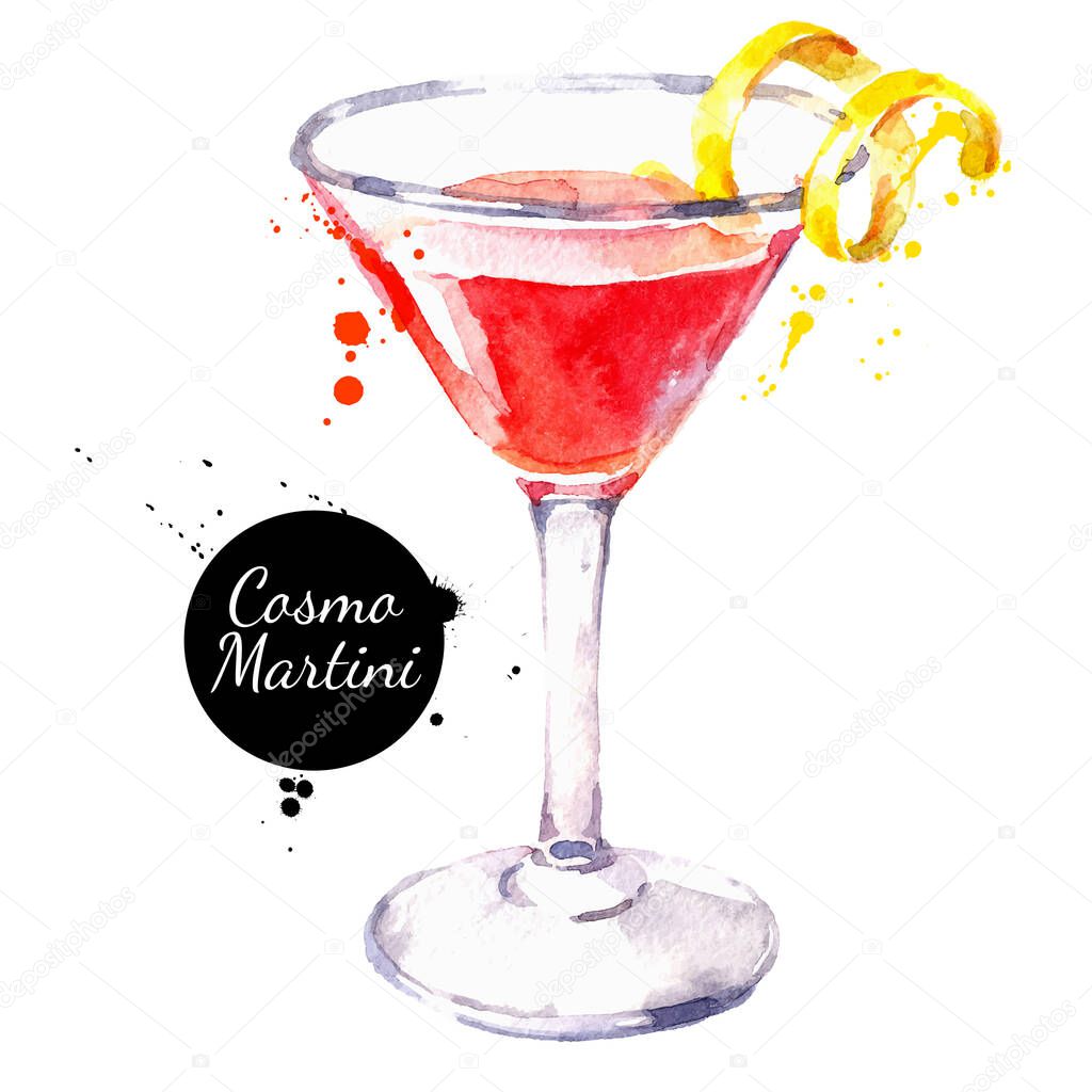 Hand drawn sketch watercolor cocktail Cosmo Martini. Vector isolated food illustration