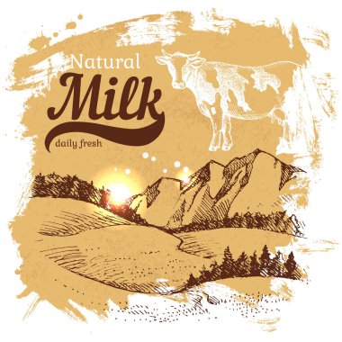 El çizimi süt ürünleri arka planı. Vektör vintage çizimi