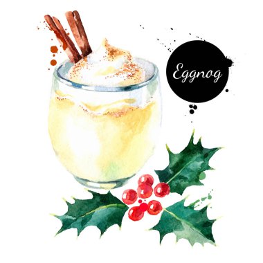 Suluboya el, Noel kokteyli eggnog 'u tarçınlı ve kutsal dutlu çizdi. Beyaz arkaplanda izole edilmiş vektör illüstrasyonu