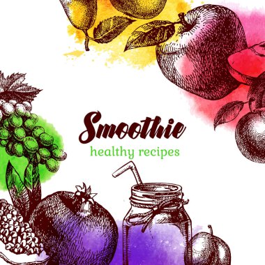 El çizimi suluboya meyve arkaplanı. Vektör gıda örneklerini izole etti. Smoothie kokteyl tasarımı