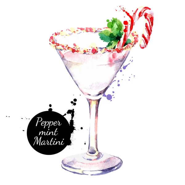 Acuarela Dibujado Mano Bosquejo Cóctel Navidad Menta Martini Ilustración Aislada — Vector de stock