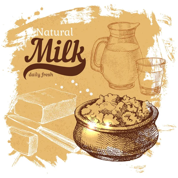Hand Drawn Sketch Milk Products Background Vector Vintage Illustration — Stock Vector