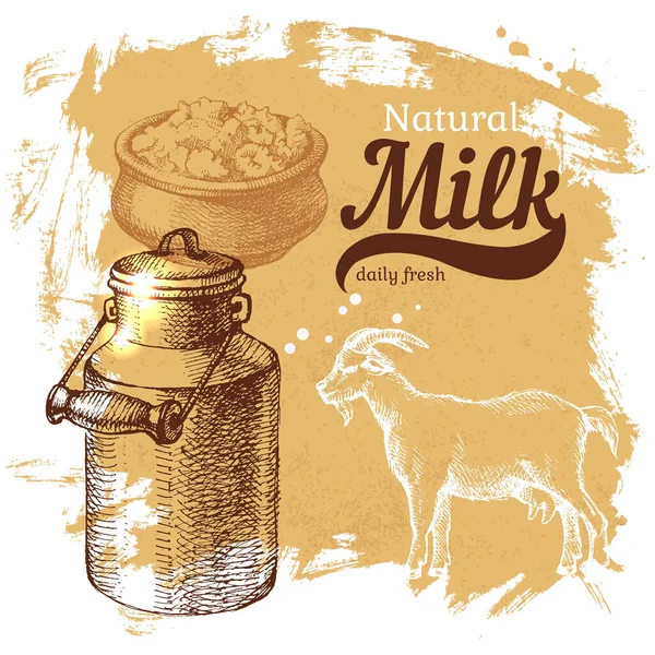 手描きのスケッチミルク製品の背景 ベクトルヴィンテージイラスト — ストックベクタ