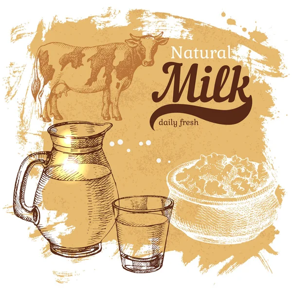 Boceto Dibujado Mano Productos Lácteos Fondo Ilustración Vectorial Vintage — Vector de stock