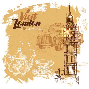 İngiltere 'nin klasik arka planını elle çizdim. Vektör siyah-beyaz vektör Londra illüstrasyonu. Büyük Britanya posteri