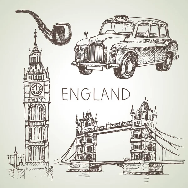 Handgezeichnete Skizze England Set Vector Schwarz Weiß Vector Vintage London — Stockvektor