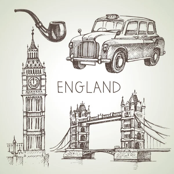 Desenho Desenhado Mão Inglaterra Set Vector Preto Branco Vetor Vintage —  Vetores de Stock