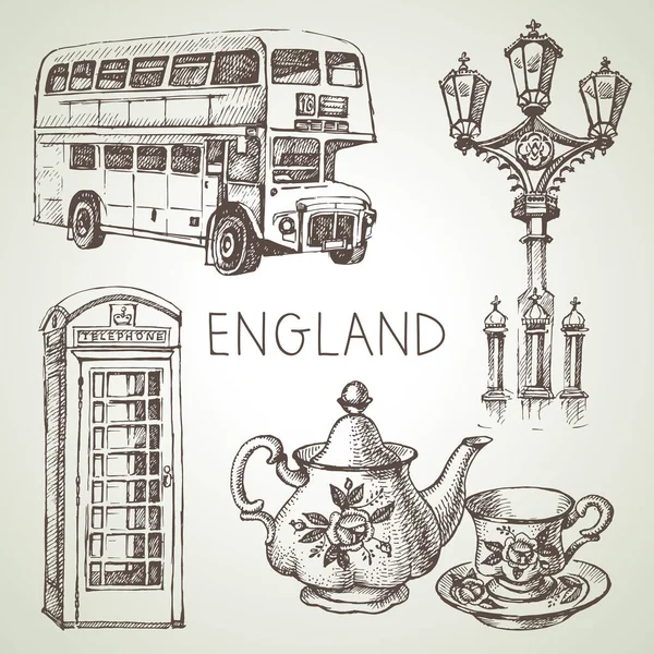 Handgezeichnete Skizze England Set Vector Schwarz Weiß Vector Vintage London — Stockvektor