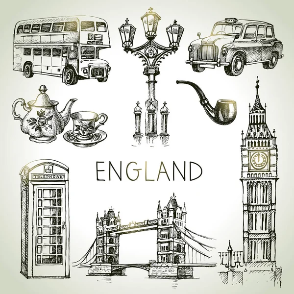 Χειροποίητο Σκίτσο Της Αγγλίας Διάνυσμα Ασπρόμαυρο Διανυσματικό Vector Vintage Λονδίνο — Διανυσματικό Αρχείο