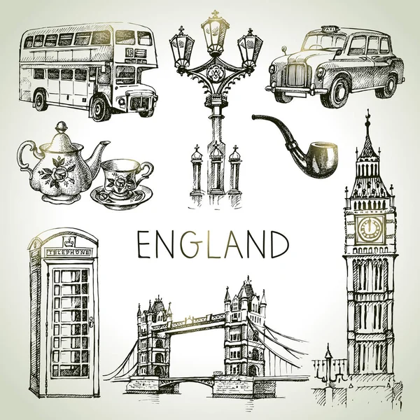 Hand Drawn Sketch England Set Vector Black White Vector Vintage — Stock Vector