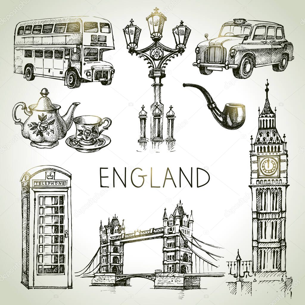 Hand drawn sketch England set. Vector black and white vector vintage London illustration. Great Britain elements
