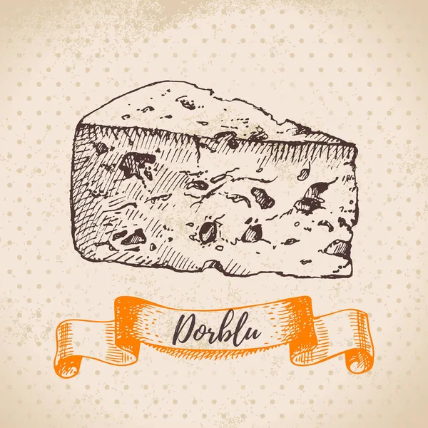 手绘素描Dorblu奶酪背景 天然奶类食品的病媒说明 — 图库矢量图片