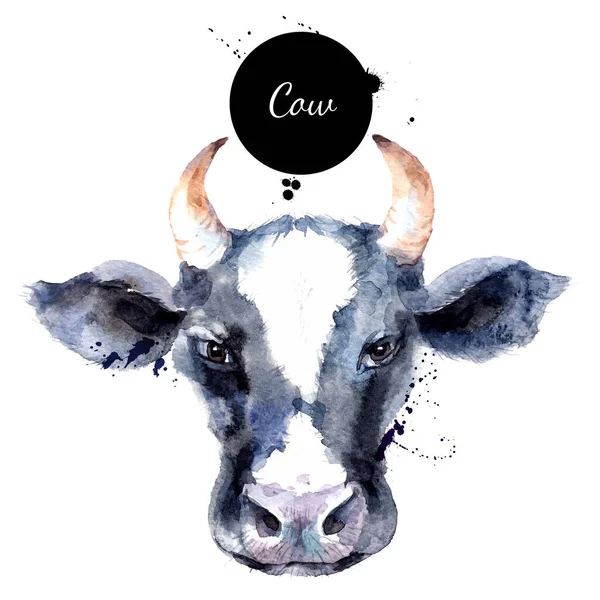 Acuarela Dibujada Mano Cabeza Vaca Ilustración Dibujo Pintado Vectorial Aislado — Vector de stock