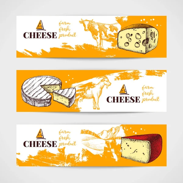 Conjunto Pancartas Queso Dibujado Mano Ilustración Vectorial Alimentos Lácteos Naturales — Vector de stock