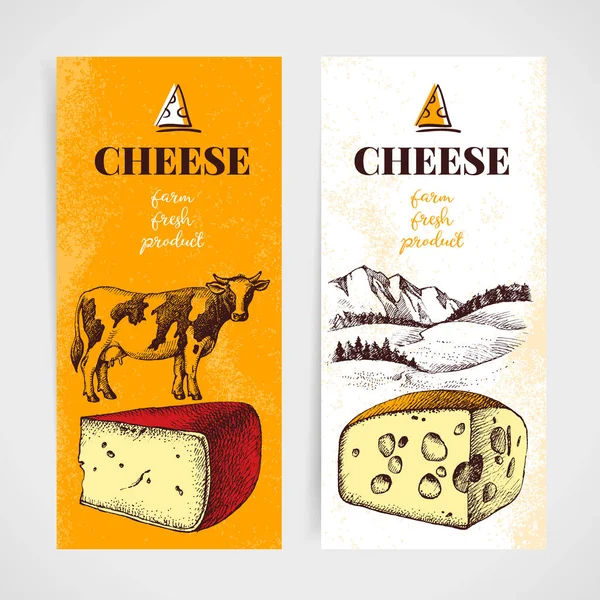 El çizimi peynir pankartı seti. Doğal süt gıdalarının vektör çizimi
