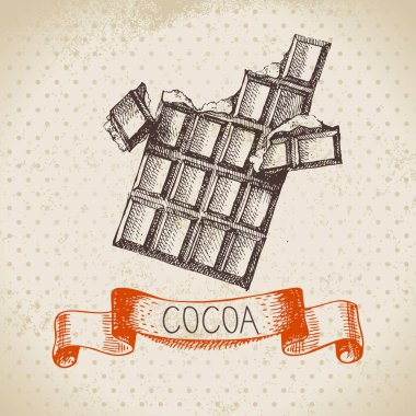 El çizimi kakaolu çikolata ürünü arka planı. Doğal sağlıklı tatlı gıdaların klasik vektör çizimi
