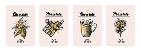 Elle Çizilmiş Kakao Çikolata Ürünleri Afişleri Doğal Sağlıklı Tatlı Yiyeceklerin — Stok Vektör