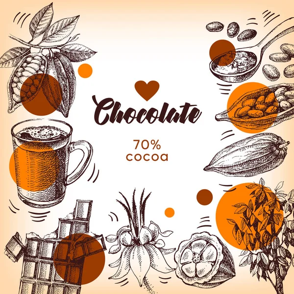 Met Hand Getekend Schets Cacao Chocolade Product Achtergrond Vintage Vector — Stockvector