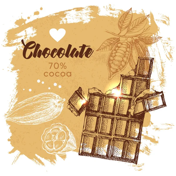 Met Hand Getekend Schets Cacao Chocolade Product Achtergrond Vintage Vector — Stockvector