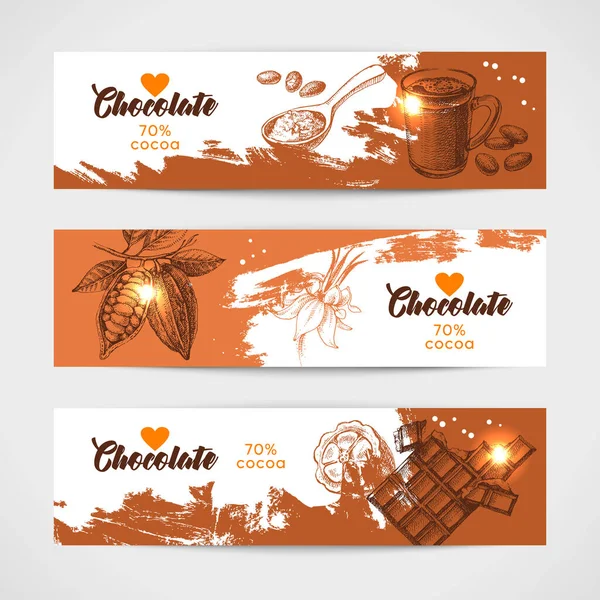 手描きスケッチココアチョコレート製品バナーセット 自然の健康的な甘い食べ物のヴィンテージベクトルイラスト — ストックベクタ