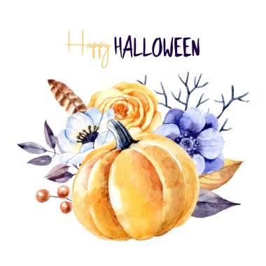 Suluboya Mutlu Cadılar Bayramı tebrik kartı. Vektör beyaz arka planda izole edilmiş gizemli çiçek kabağı çizimi