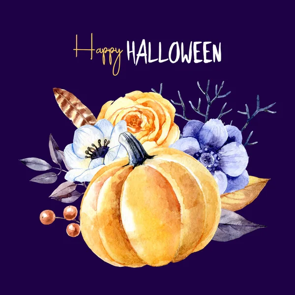 Aquarell Happy Halloween Grußkarte Vector Gemalt Isolierte Geheimnis Floralen Kürbis — Stockvektor