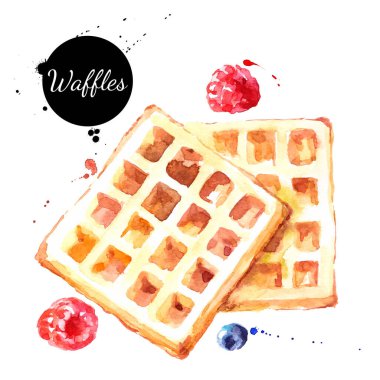 Suluboya el, Viyana Waffle 'larının çilekli kahvaltı resimlerini çizdi. Vektör boyalı gıda beyaz arka planda izole