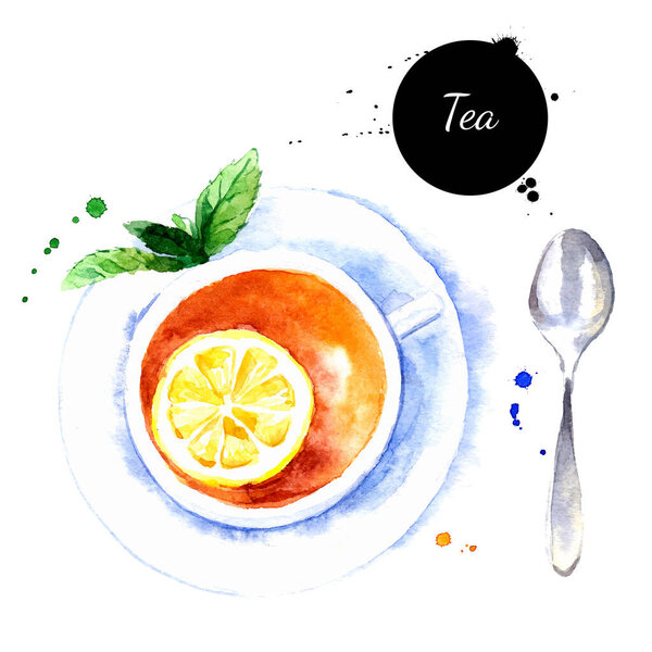 Watercolor hand drawn breakfast illustration of tea cup with lemon and mint. Vector painted sketch food isolated on white background