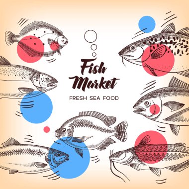 El çizimi, balık çiftliği seti. Vektör siyah ve beyaz vintage çizimler